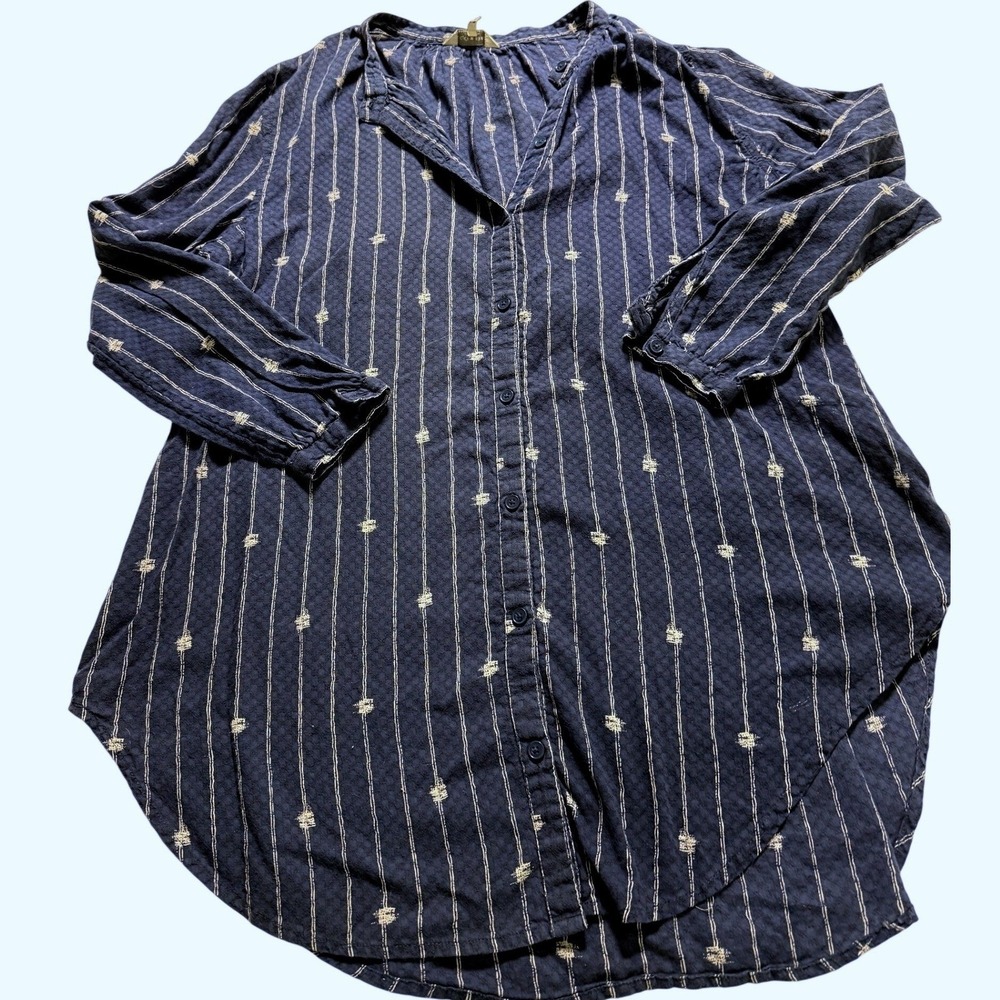 Lucky Brand Button Down Tunic Women M Navy White Striped Textured V-Neck Top
